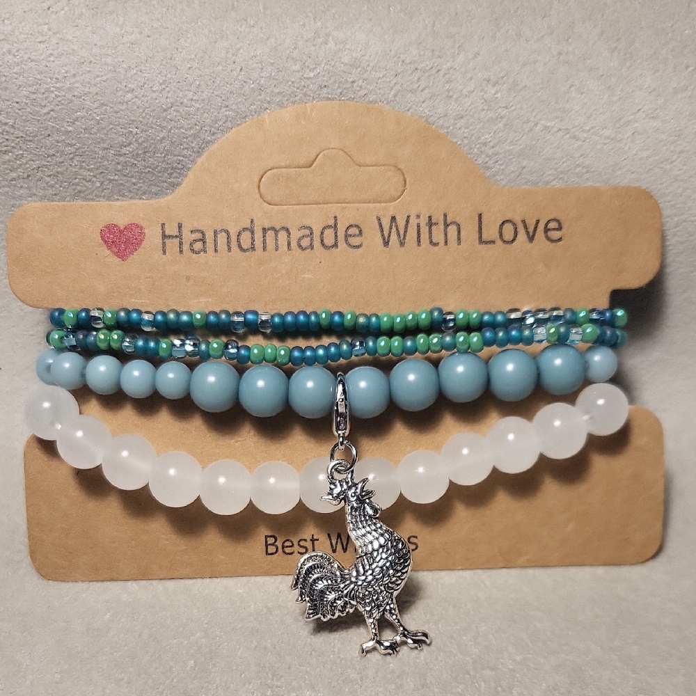 Handmade Beaded Bracelet Set with Rooster Charm